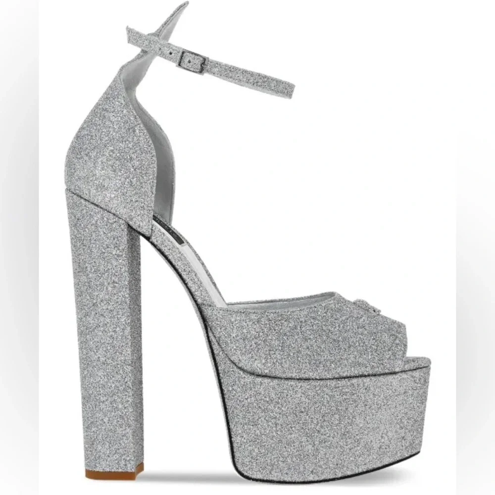 Philipp Plein Silver Glitter Platform Sandals